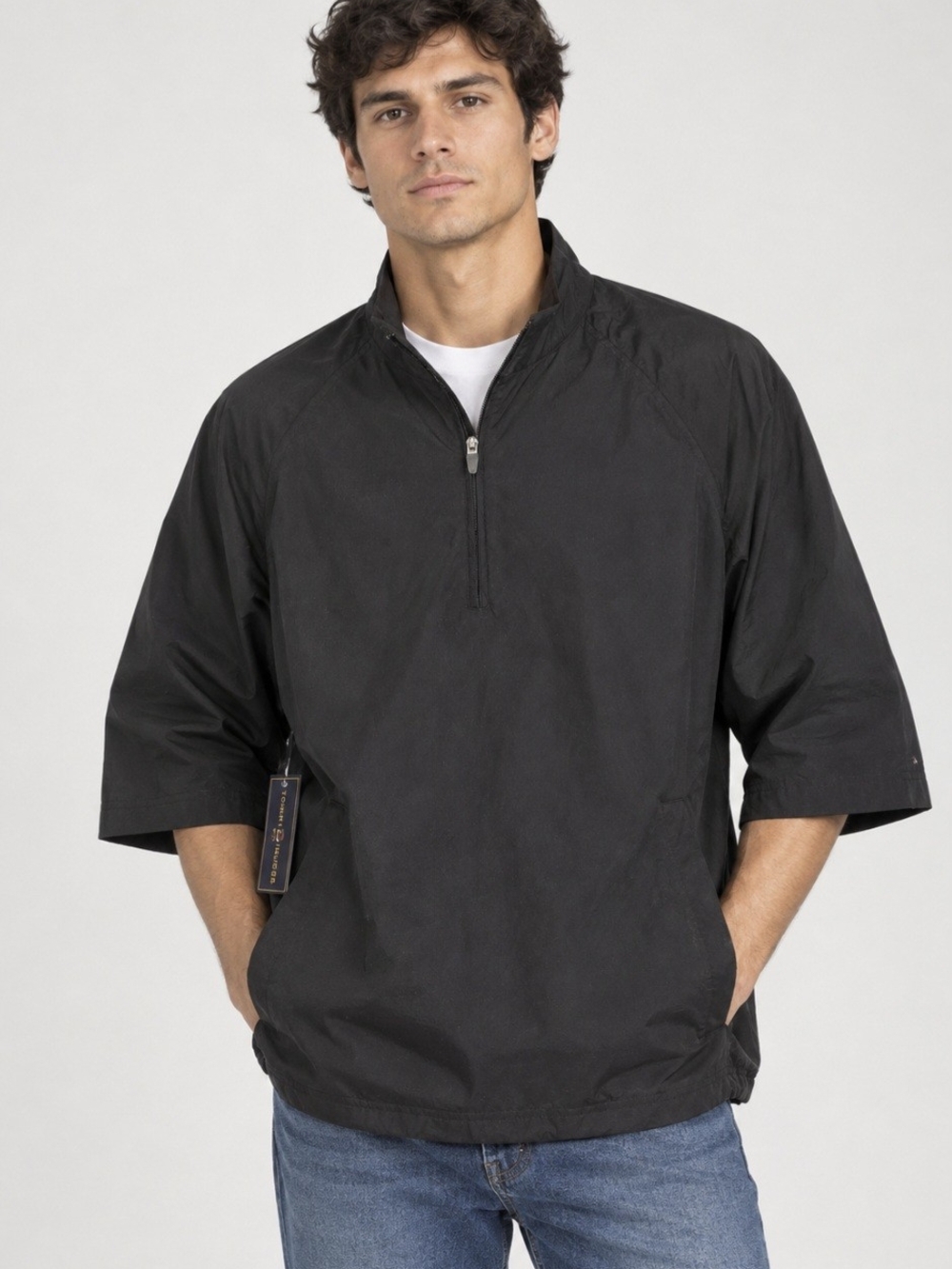 NWT Tommy Hilfiger Black Short-Sleeve Quarter-Zip Windbreaker/Jacket Sz L